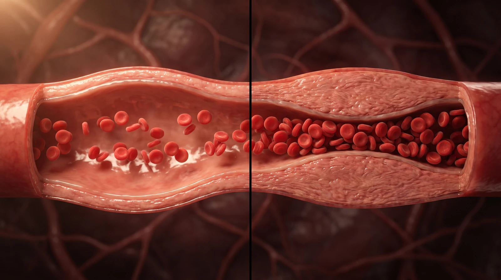 Educational side-by-side illustration of a healthy blood vessel and the same vessel needing support